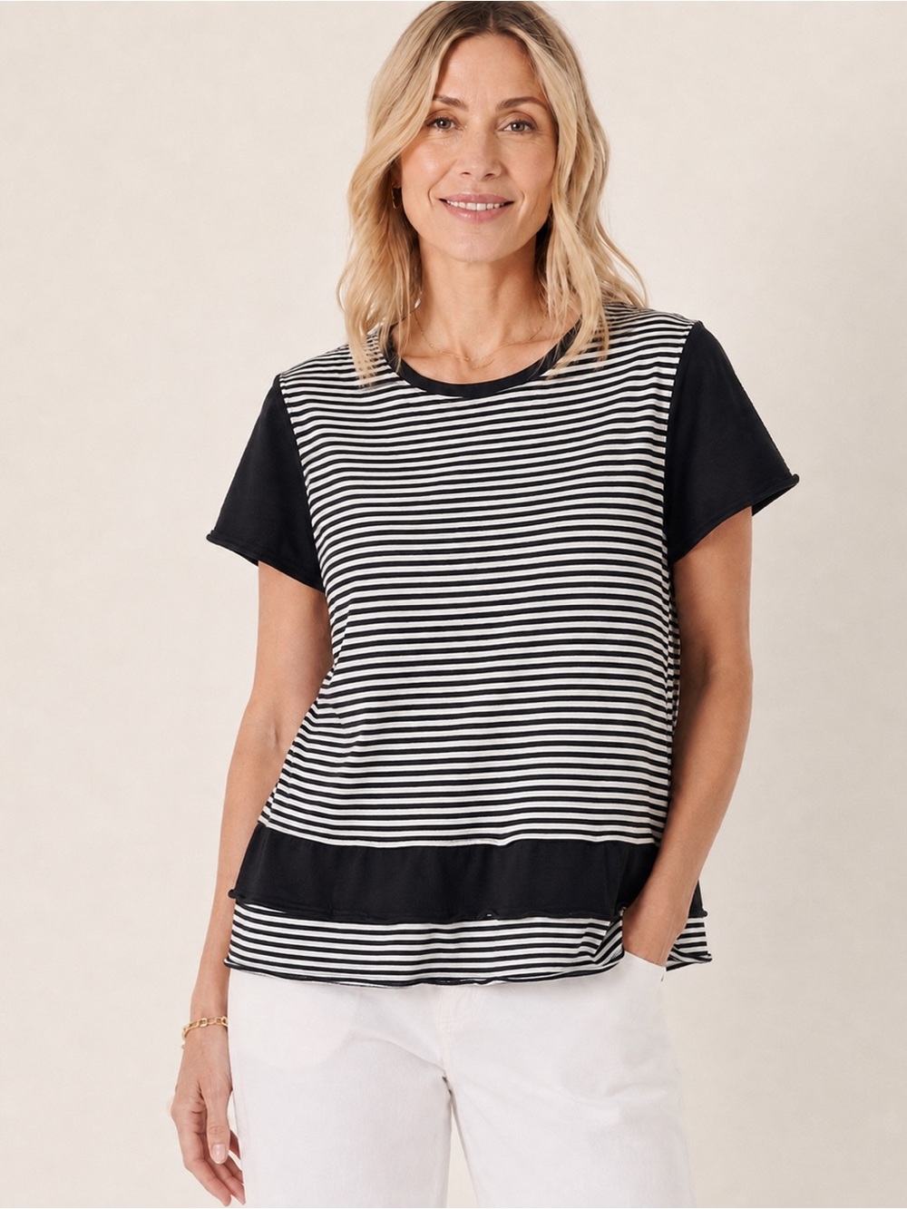 Neon Buddha Black White Striped Cotton Top Size L Rolled Edge Short Sleeve